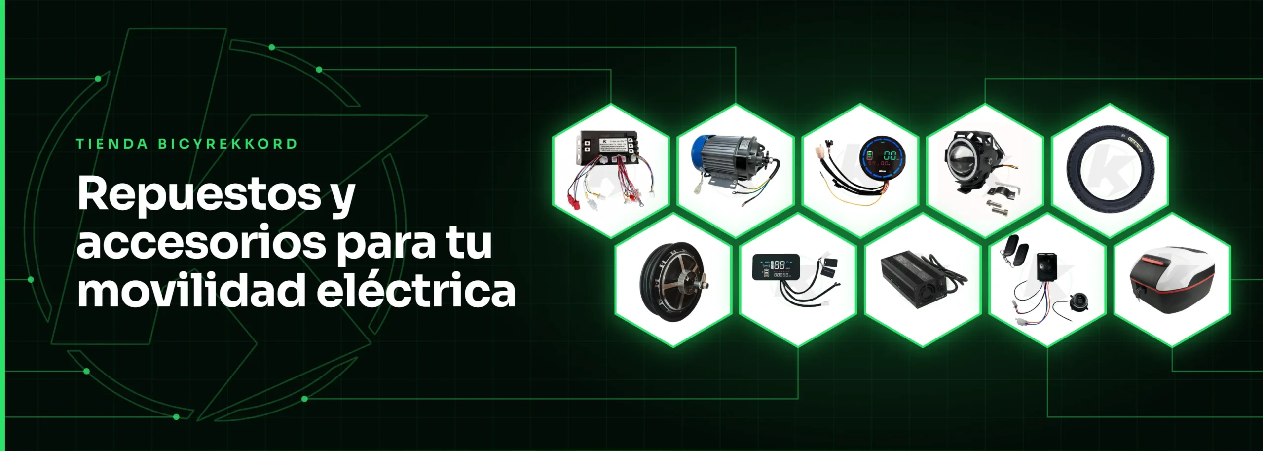 Tienda BicyRekkord: repuestos y accesorios para bicicletas y motos eléctricas, como controladores, motores, velocímetros, llantas, cargadores y alarmas